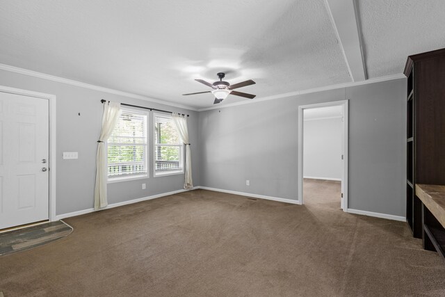 201 County Line Rd, Signal Mountain, TN 37377 - unfurnished living room with carpet flooring, ceiling fan, baseboards, ornamental molding, and a textured ceiling