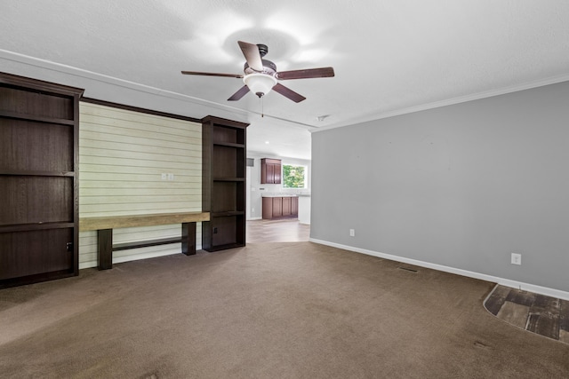 201 County Line Rd, Signal Mountain, TN 37377 - unfurnished living room with ceiling fan, ornamental molding, carpet floors, and baseboards