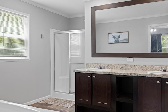 201 County Line Rd, Signal Mountain, TN 37377 - full bath with a stall shower, ornamental molding, baseboards, and double vanity