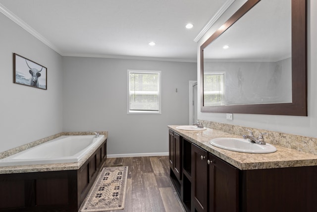 201 County Line Rd, Signal Mountain, TN 37377 - bathroom with wood finished floors, crown molding, a bath, double vanity, and recessed lighting
