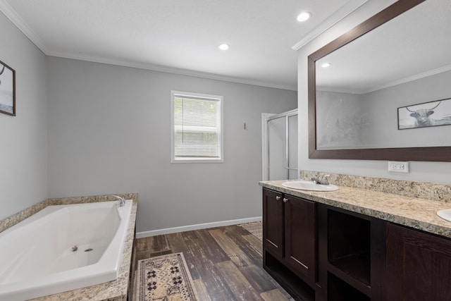201 County Line Rd, Signal Mountain, TN 37377 - full bath with ornamental molding, wood finished floors, double vanity, a bath, and a stall shower