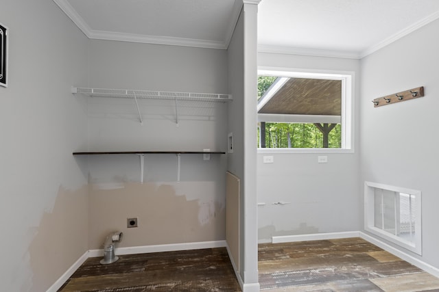 201 County Line Rd, Signal Mountain, TN 37377 - laundry room with hookup for an electric dryer, wood finished floors, ornamental molding, and baseboards