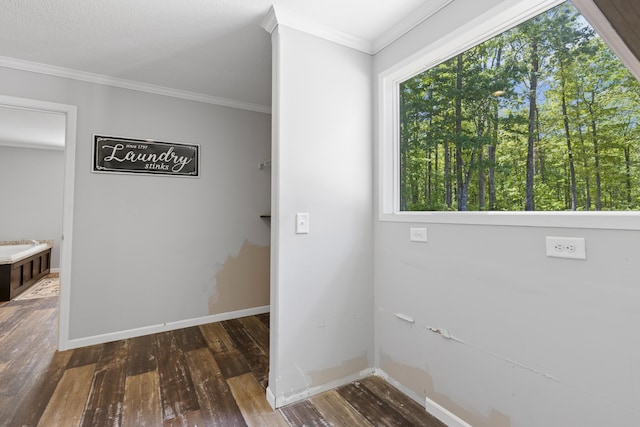 201 County Line Rd, Signal Mountain, TN 37377 - laundry area with wood finished floors, baseboards, and crown molding