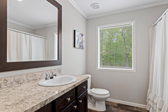 201 County Line Rd, Signal Mountain, TN 37377 - bathroom featuring wood finished floors, baseboards, vanity, toilet, and crown molding