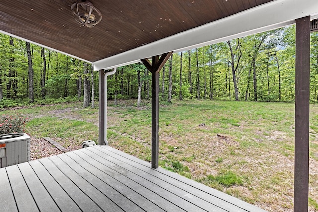 201 County Line Rd, Signal Mountain, TN 37377 - wooden terrace featuring cooling unit, a lawn, and a view of trees