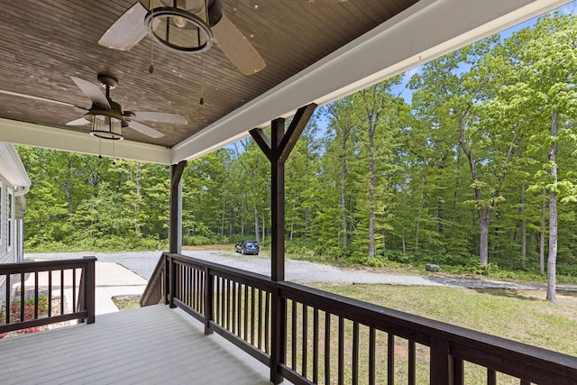 201 County Line Rd, Signal Mountain, TN 37377 - deck with a ceiling fan, a view of trees, and covered porch