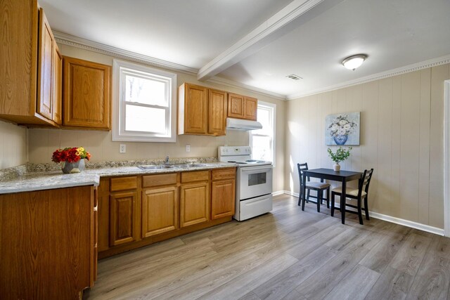 kitchen featuring electric stove, under cabinet range hood, a sink, brown cabinetry, and crown molding
