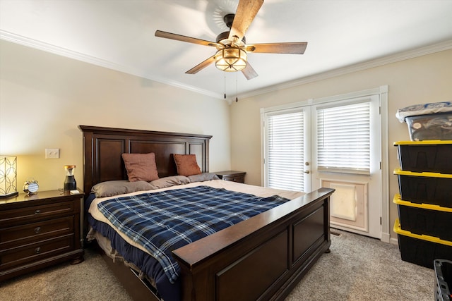 carpeted bedroom with crown molding, ceiling fan, and access to outside