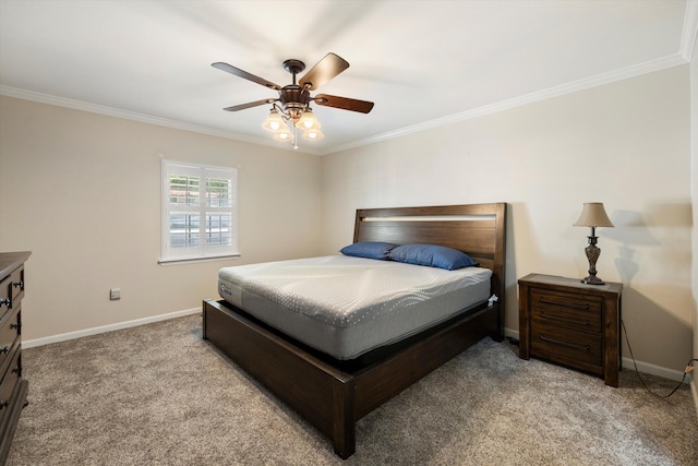 bedroom featuring ornamental molding, light carpet, baseboards, and ceiling fan