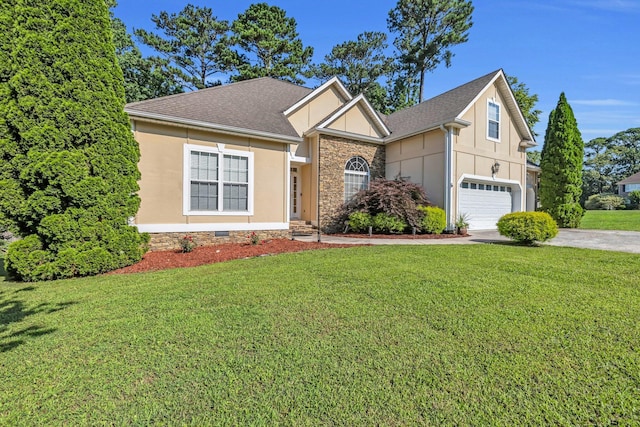 2123 Sargent Quick Dr, Chattanooga, TN 37421 - view of front of property with driveway, stucco siding, a front yard, roof with shingles, and a garage