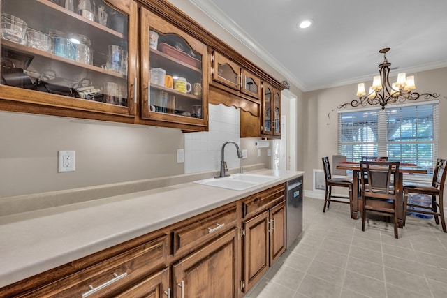 2123 Sargent Quick Dr, Chattanooga, TN 37421 - kitchen featuring dishwasher, crown molding, light tile patterned floors, a chandelier, and pendant lighting