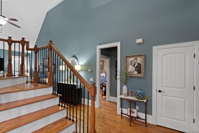 8802 Mckenzie Farm Dr, Ooltewah, TN 37363 - stairs with ceiling fan, high vaulted ceiling, wood finished floors, and baseboards