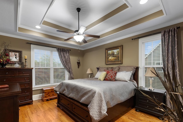 8802 Mckenzie Farm Dr, Ooltewah, TN 37363 - bedroom with a raised ceiling, multiple windows, ornamental molding, and light wood-style floors