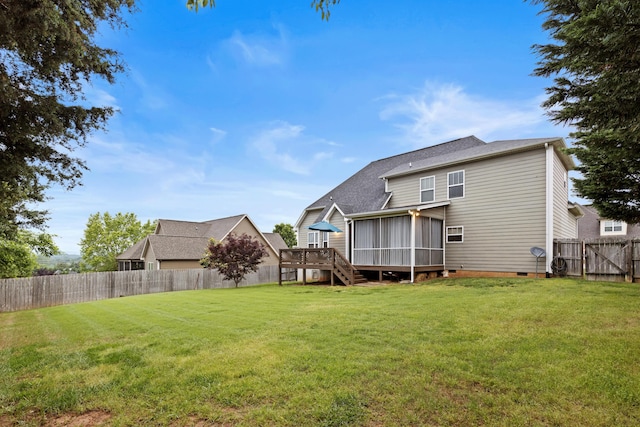 8802 Mckenzie Farm Dr, Ooltewah, TN 37363 - view of yard with a sunroom, a wooden deck, stairway, and a gate
