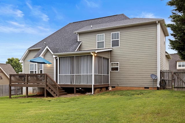 8802 Mckenzie Farm Dr, Ooltewah, TN 37363 - rear view of house with crawl space, a sunroom, a wooden deck, and roof with shingles