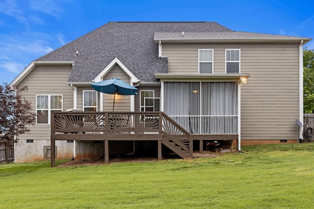 8802 Mckenzie Farm Dr, Ooltewah, TN 37363 - back of house featuring roof with shingles, a sunroom, a deck, a lawn, and crawl space