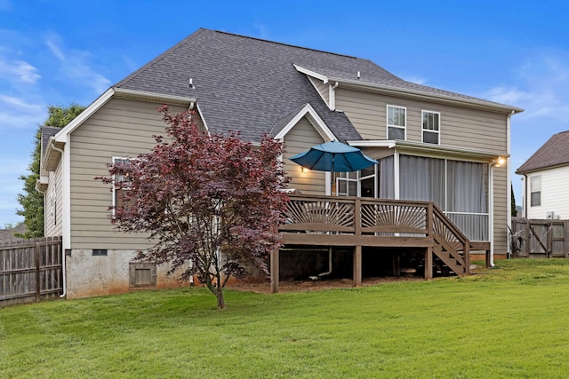 8802 Mckenzie Farm Dr, Ooltewah, TN 37363 - rear view of house featuring a sunroom, a deck, and a shingled roof