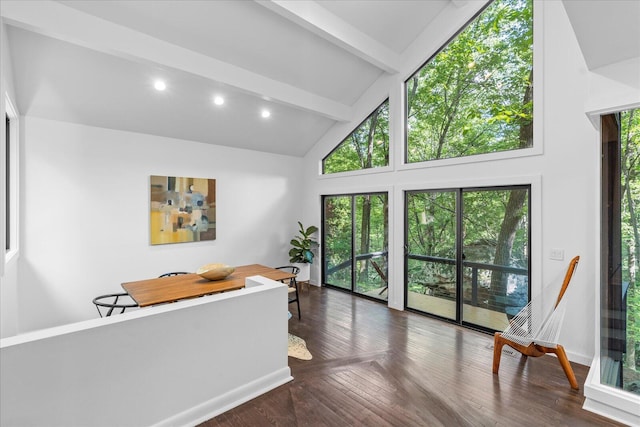 living area with beam ceiling, high vaulted ceiling, plenty of natural light, recessed lighting, and wood finished floors