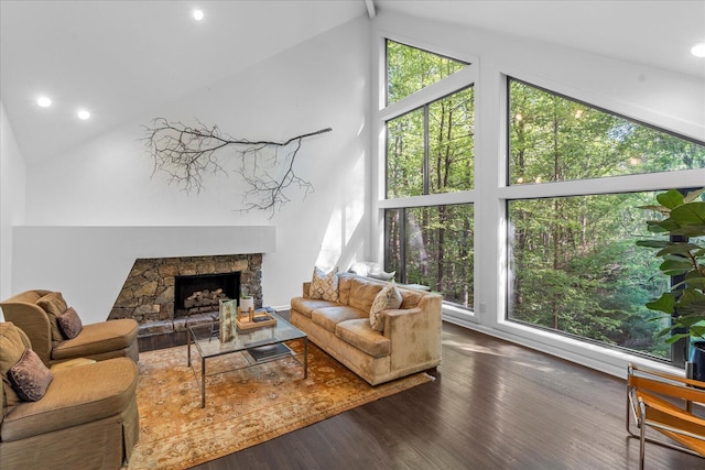 living area with high vaulted ceiling, wood finished floors, a fireplace, and recessed lighting