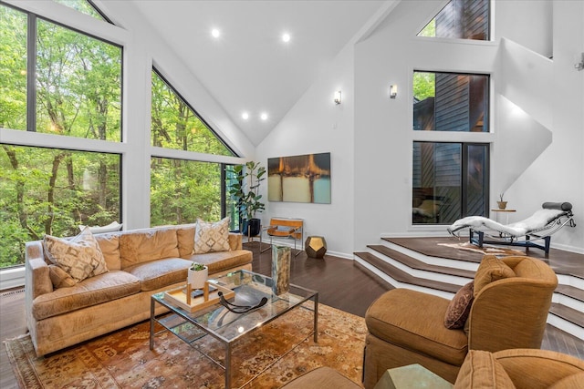 living area with high vaulted ceiling, baseboards, wood finished floors, healthy amount of natural light, and recessed lighting