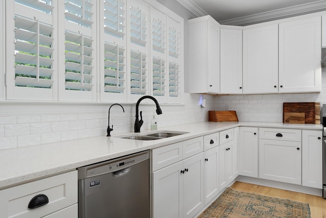 1328 Carrington Way, Chattanooga, TN 37405 - kitchen with dishwasher, a sink, crown molding, backsplash, and white cabinetry