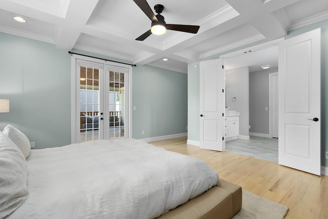 1328 Carrington Way, Chattanooga, TN 37405 - bedroom with coffered ceiling, crown molding, baseboards, access to outside, and light wood-style flooring