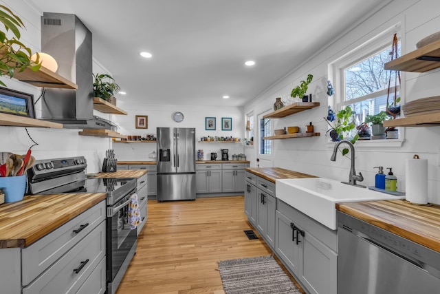 3804 Northview Ave, Chattanooga, TN 37412 - kitchen featuring open shelves, butcher block counters, appliances with stainless steel finishes, a sink, and recessed lighting