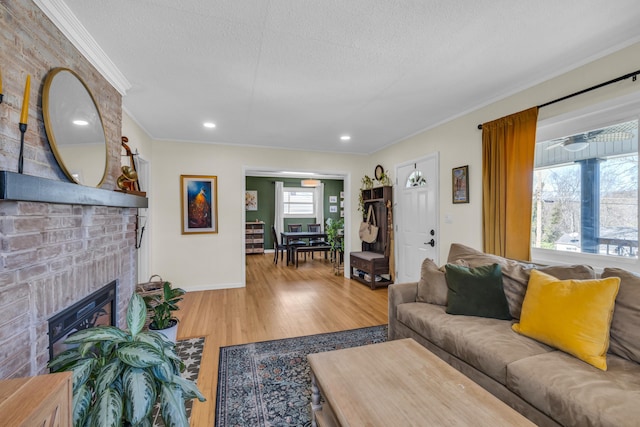 3804 Northview Ave, Chattanooga, TN 37412 - living room featuring ornamental molding, wood finished floors, a fireplace, a textured ceiling, and baseboards