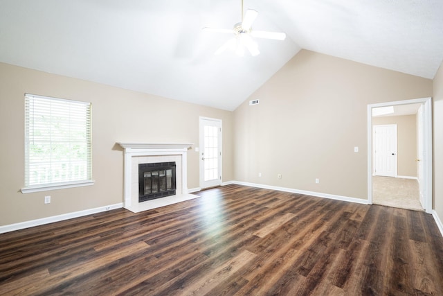 14 Castleview Ct, Ringgold, GA 30736 - unfurnished living room with a ceiling fan, dark wood finished floors, a fireplace, high vaulted ceiling, and baseboards