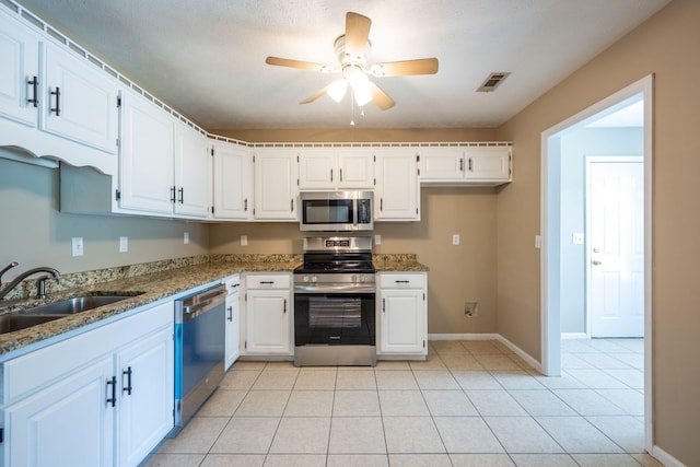 14 Castleview Ct, Ringgold, GA 30736 - kitchen with appliances with stainless steel finishes, light stone counters, a sink, a ceiling fan, and white cabinetry
