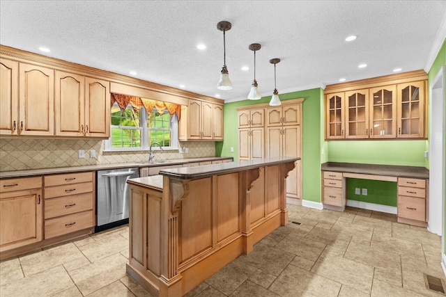 1578 Old Ringgold Rd, Rocky Face, GA 30740 - kitchen with stainless steel dishwasher, a sink, decorative backsplash, glass insert cabinets, and a kitchen breakfast bar