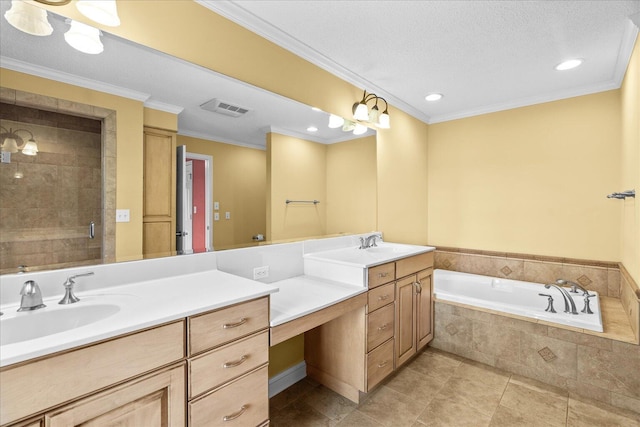 1578 Old Ringgold Rd, Rocky Face, GA 30740 - full bath with vanity, crown molding, a shower stall, a bath, and recessed lighting