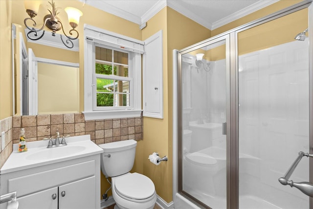 1578 Old Ringgold Rd, Rocky Face, GA 30740 - bathroom featuring a shower stall, ornamental molding, toilet, vanity, and a chandelier