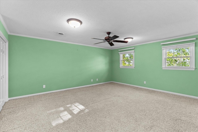 1578 Old Ringgold Rd, Rocky Face, GA 30740 - spare room with crown molding, a textured ceiling, carpet floors, a ceiling fan, and baseboards