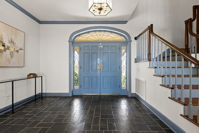 1116 Cumberland Rd, Chattanooga, TN 37419 - entrance foyer with a chandelier, stairway, and stone finish flooring