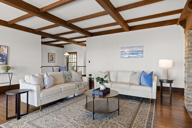 1116 Cumberland Rd, Chattanooga, TN 37419 - living room featuring wood-type flooring, beamed ceiling, coffered ceiling, and wood walls