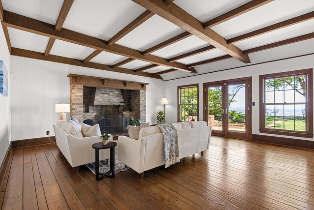 1116 Cumberland Rd, Chattanooga, TN 37419 - living room with dark wood finished floors, beamed ceiling, a brick fireplace, and coffered ceiling