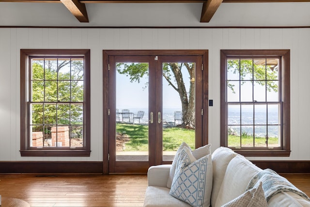 1116 Cumberland Rd, Chattanooga, TN 37419 - entryway featuring a water view, beam ceiling, hardwood / wood-style flooring, plenty of natural light, and french doors
