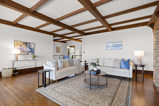1116 Cumberland Rd, Chattanooga, TN 37419 - living room featuring dark wood-style flooring, beamed ceiling, coffered ceiling, and wood walls