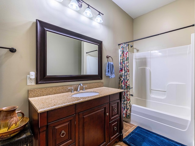 full bath featuring shower / bath combination with curtain and vanity