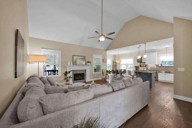 7310 Huntley Ln, Chattanooga, TN 37421 - living room featuring dark wood-style floors, ceiling fan, a fireplace, high vaulted ceiling, and plenty of natural light