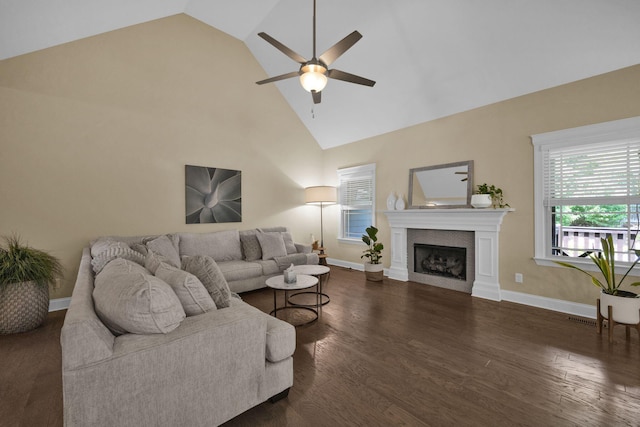 7310 Huntley Ln, Chattanooga, TN 37421 - living area with high vaulted ceiling, ceiling fan, a fireplace, and wood finished floors