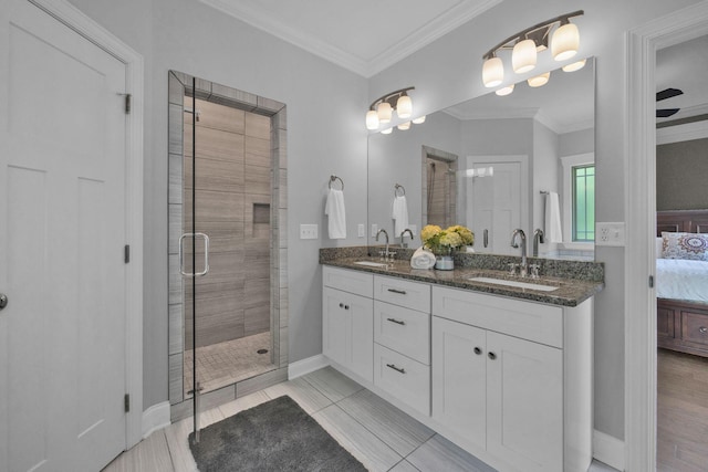 7310 Huntley Ln, Chattanooga, TN 37421 - ensuite bathroom with double vanity, a stall shower, and crown molding