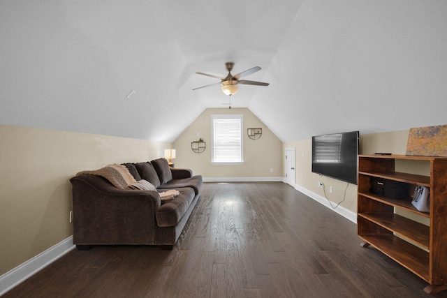 7310 Huntley Ln, Chattanooga, TN 37421 - unfurnished living room featuring dark wood finished floors, ceiling fan, and vaulted ceiling