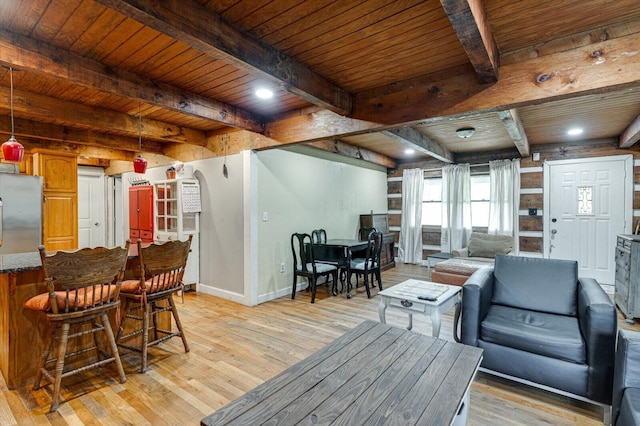 241 Bryant Ln, Tracy City, TN 37387 - living room featuring wood ceiling, light wood-style flooring, baseboards, and beamed ceiling