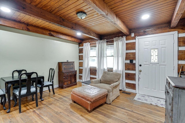 241 Bryant Ln, Tracy City, TN 37387 - living area with light wood-style floors, beam ceiling, wood ceiling, baseboards, and recessed lighting