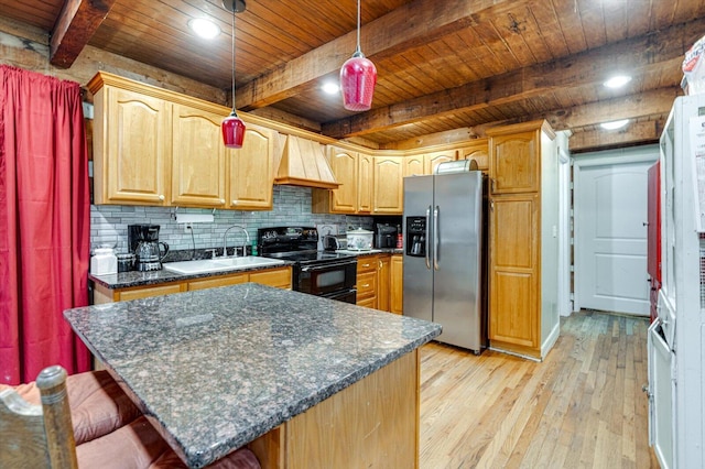 241 Bryant Ln, Tracy City, TN 37387 - kitchen featuring black range with electric cooktop, stainless steel fridge, premium range hood, light wood-style flooring, and wooden ceiling