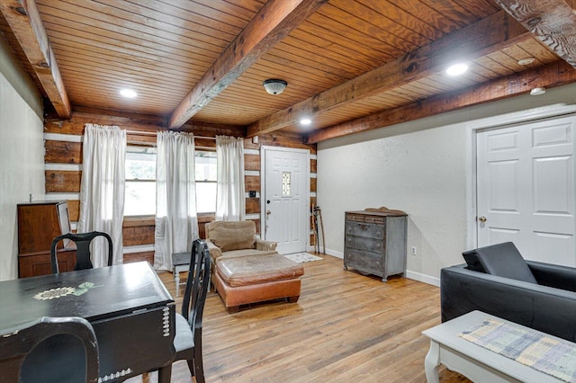 241 Bryant Ln, Tracy City, TN 37387 - living room featuring wood ceiling, beamed ceiling, light wood finished floors, and baseboards