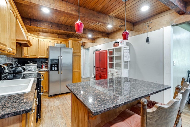 241 Bryant Ln, Tracy City, TN 37387 - kitchen featuring stainless steel fridge, wooden ceiling, light wood-style floors, range with electric stovetop, and beam ceiling