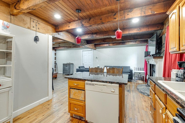 241 Bryant Ln, Tracy City, TN 37387 - kitchen with dishwasher, wooden ceiling, light wood-style flooring, open floor plan, and a fireplace